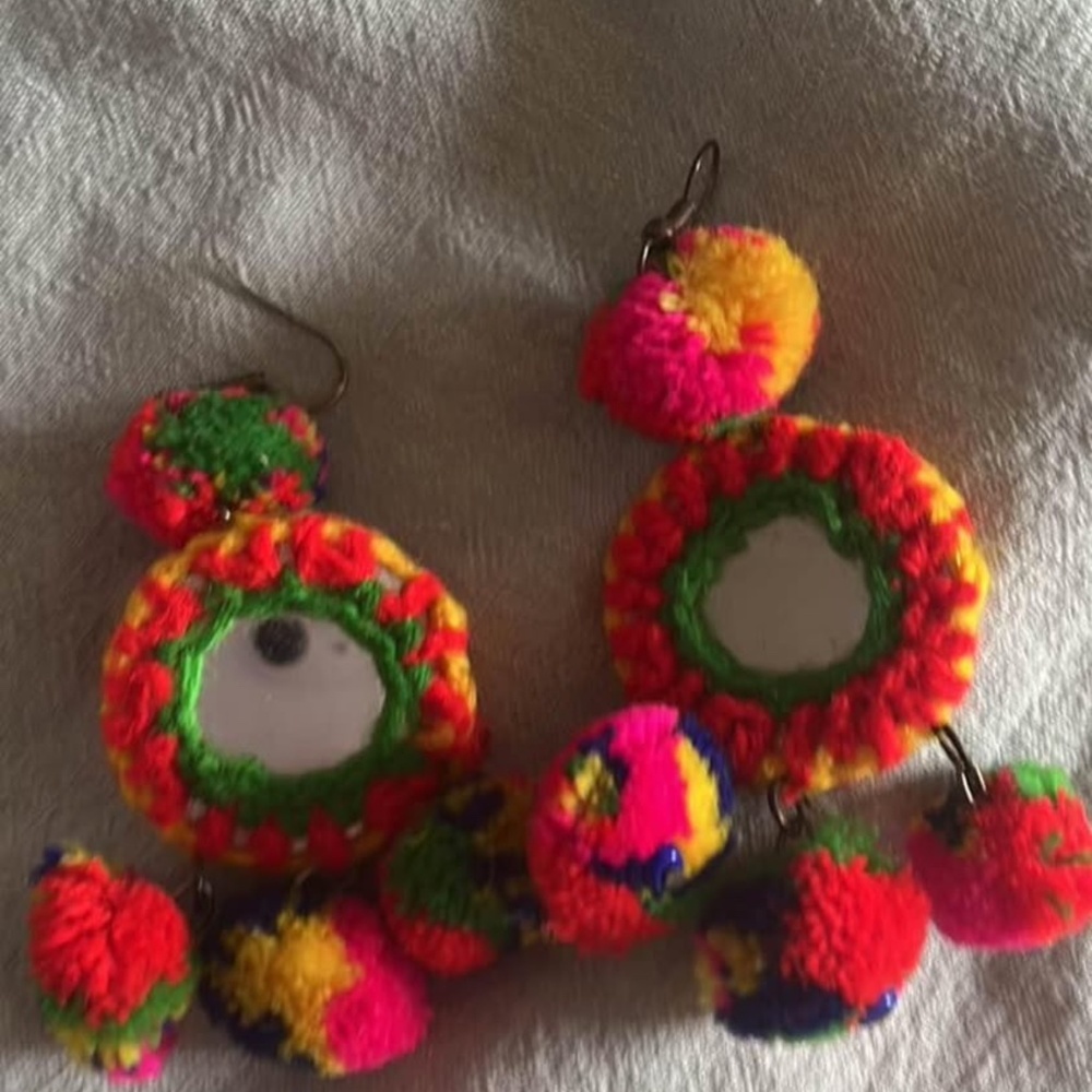 Adorable pompom mirrorwork Indian earrings